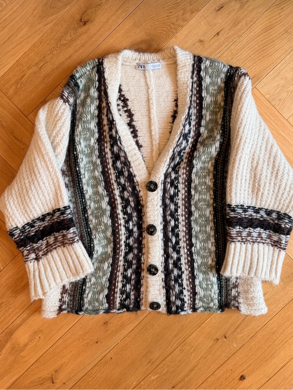 Zara Cream Fair Isle Button-Front Cardigan with Green and Brown Stripes